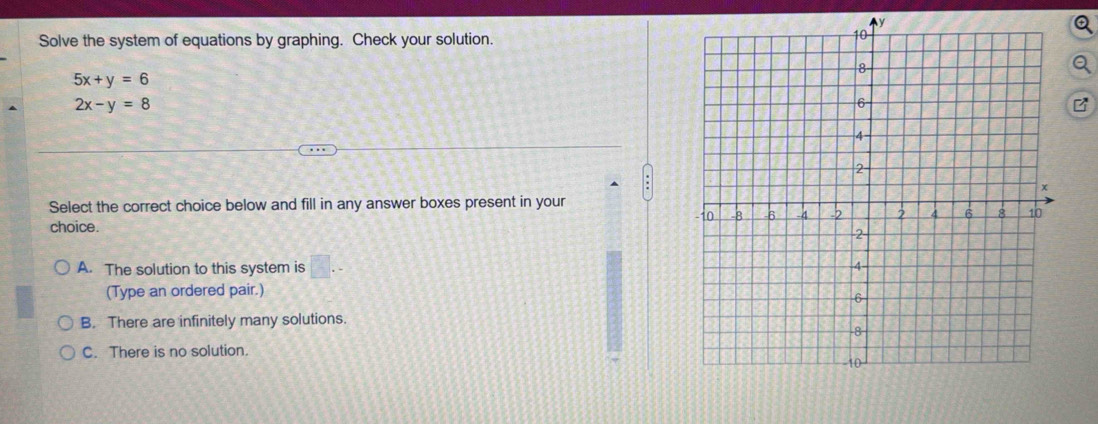 Solve the system of equations by graphing. Check your solution.
5x+y=6
2x-y=8
Select the correct choice below and fill in any answer boxes present in your
choice.
A. The solution to this system is □ 
(Type an ordered pair.)
B. There are infinitely many solutions.
C. There is no solution.