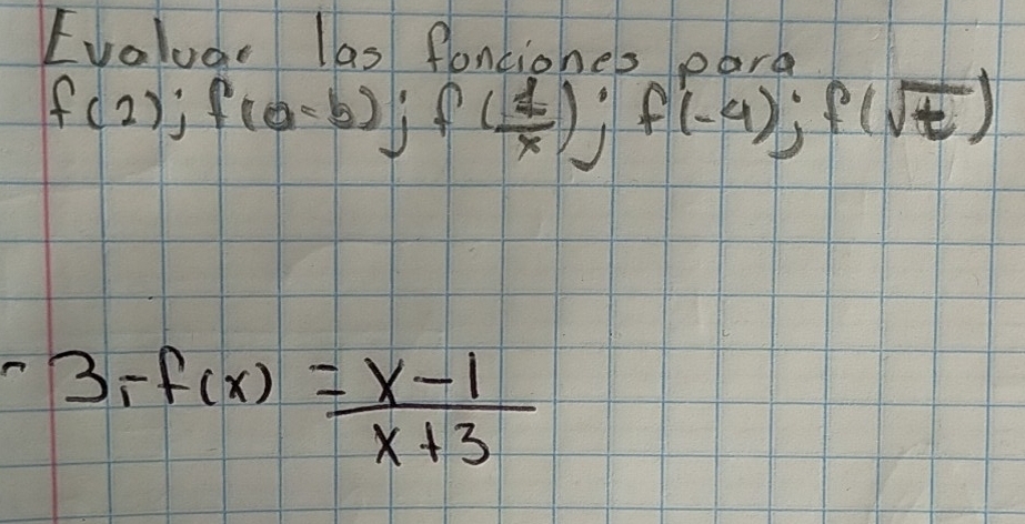 Fveolver las fontiones nare
f(2); f(a-b); f( 1/x ); f(-4); f(sqrt(t))
-3-f(x)= (x-1)/x+3 