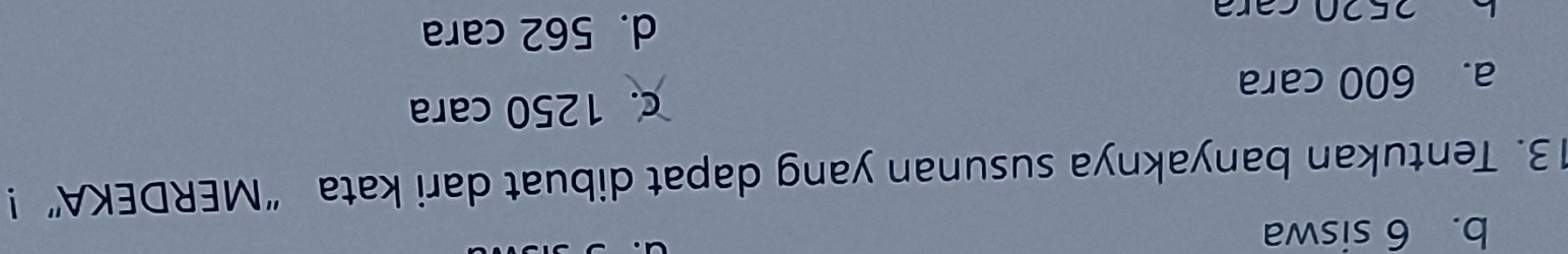 b. 6 siswa
13. Tentukan banyaknya susunan yang dapat dibuat dari kata “MERDEKA”!
c. 1250 cara
a. 600 cara
d. 562 cara