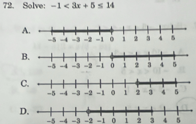 Solve: -1<3x+5≤ 14
A 
D
-5 -4 -3 -2 -1 0 1 2 3 4 5