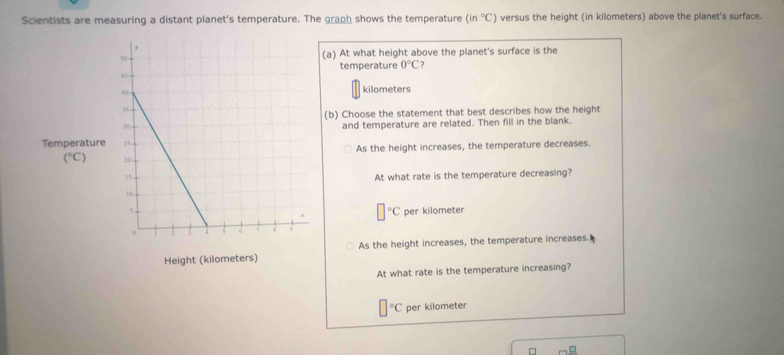 Scientists are measuring a distant planet's temperature. The graph shows the temperature (in°C) versus the height (in kilometers) above the planet's surface.
(a) At what height above the planet's surface is the
temperature 0°C ?
kilometers
(b) Choose the statement that best describes how the height
and temperature are related. Then fill in the blank.
Temperature
As the height increases, the temperature decreases.
(^circ C)
At what rate is the temperature decreasing?
^circ C per kilometer
As the height increases, the temperature increases.
Height (kilometers)
At what rate is the temperature increasing?
^circ ( per kilometer