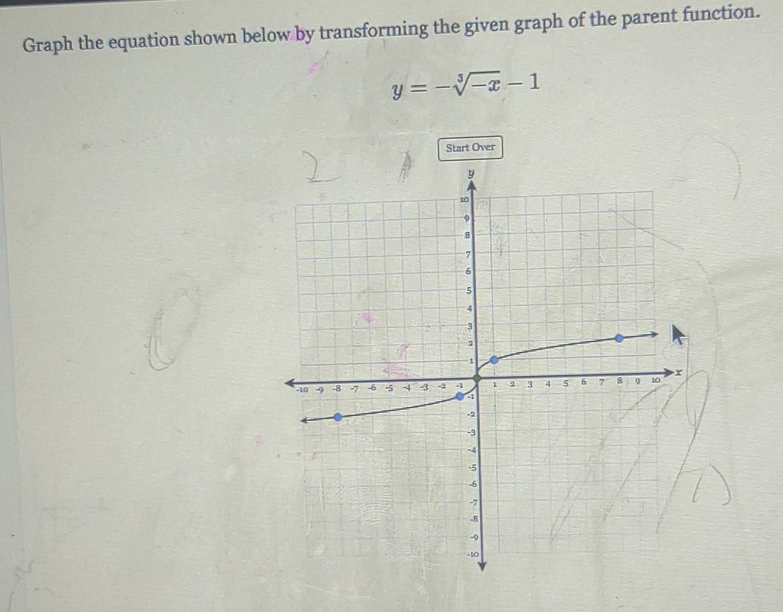 Graph the equation shown below by transforming the given graph of the parent function.
y=-sqrt[3](-x)-1
Start Over