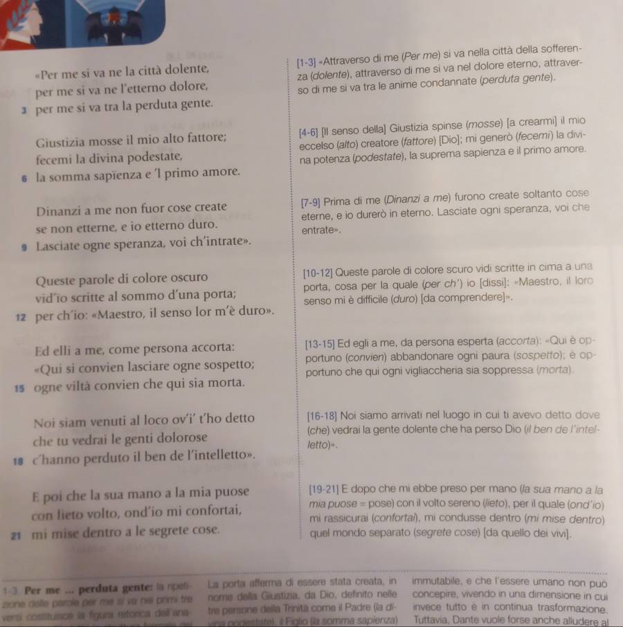 «Per me si va ne la città dolente, [1-3] «Attraverso di me (Per me) si va nella città della sofferen-
per me si va ne l’etterno dolore, za (dolente), attraverso di me si va nel dolore eterno, attraver-
so di me si va tra le anime condannate (perduta gente).
3 per me si va tra la perduta gente.
Giustizia mosse il mio alto fattore; [4-6] [Il senso della] Giustizia spinse (mosse) [a crearmi] il mio
fecemi la divina podestate, eccelso (alto) creatore (fattore) [Dio]; mi generò (fecemi) la divi-
s la somma sapïenza e 'l primo amore. na potenza (podestate), la suprema sapienza e il primo amore.
Dinanzi a me non fuor cose create [7-9] Prima di me (Dinanzi a me) furono create soltanto cose
se non etterne, e io etterno duro. eterne, e io durerò in eterno. Lasciate ogni speranza, voi che
entrate».
9 Lasciate ogne speranza, voi ch’intrate».
Queste parole di colore oscuro [10-12] Queste parole di colore scuro vidi scritte in cima a una
vid’ïo scritte al sommo d’una porta; porta, cosa per la quale (per ch') io [dissi]: «Maestro, il loro
senso mi è difficile (duro) [da comprendere]».
12 per ch´io: «Maestro, il senso lor m'é duro».
Ed elli a me, come persona accorta: [13-15] Ed egli a me, da persona esperta (accorta): «Qui è op-
«Qui si convien lasciare ogne sospetto; portuno (convien) abbandonare ogni paura (sospetto); è op-
portuno che qui ogni vigliaccheria sia soppressa (morta).
1s ogne viltà convien che qui sia morta.
Noi siam venuti al loco ov'i' t'ho detto [16-18] Noi siamo arrivati nel luogo in cui ti avevo detto dove
(che) vedrai la gente dolente che ha perso Dio (il ben de l'intel-
che tu vedrai le genti dolorose letto)=
18 c'hanno perduto il ben de l'intelletto».
E poi che la sua mano a la mia puose [19-21] E dopo che mi ebbe preso per mano (/a sua mano a la
con lieto volto, ond’io mi confortai, mia puose = pose) con il volto sereno (//eto), per il quale (ond'io)
mi rassicurai (confortai), mi condusse dentro (mi mise dentro)
21 mi mise dentro a le segrete cose. quel mondo separato (segrefe cose) [da quello dei vivi].
1-3. Per me ... perduta gente: la ripeli La porta afferma di essere stata creata, in immutabile, e che l'essere umano non puo
zone delle parole per me si va nei primi tre  nome della Giustizia, da Dio, definito nelle concepire, vivendo in una dimensione in cui
versi costitusce la figura retorica dell ana  trepersone della Trinita come il Padre (la di-  invece tutto é in continua trasformazione.
vina podestate), il Figlio (la somma sapierza) Tuttavia, Dante vuole forse anche alludere al
