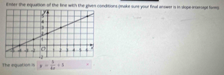 Enter the equation of the line with the given conditions (make sure your final answer is in slope-intercept form) 
The equation is y= 5/4x +5 )