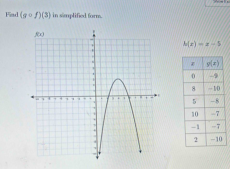 Show Exa
Find (gcirc f)(3) in simplified form.
h(x)=x-5