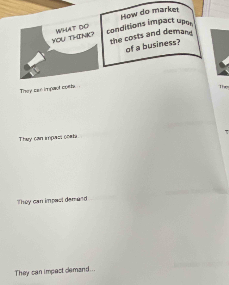 How do market
WHAT DO
conditions impact upon
the costs and demand
YOU THINK?
of a business?
They can impact costs...
The
T
They can impact costs...
They can impact demand...
They can impact demand...