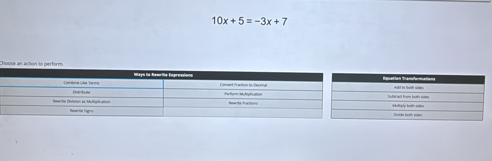 10x+5=-3x+7
Choose an action to perform