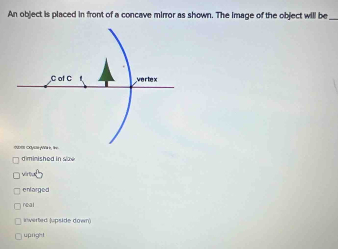 An object is placed in front of a concave mirror as shown. The image of the object will be_
diminished in size
virtu
enlarged
real
inverted (upside down)
upright