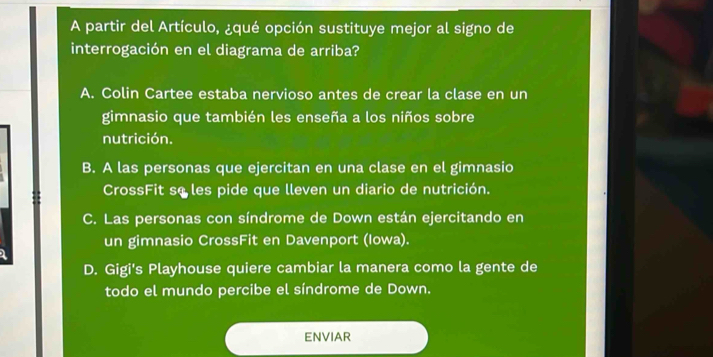 A partir del Artículo, ¿qué opción sustituye mejor al signo de
interrogación en el diagrama de arriba?
A. Colin Cartee estaba nervioso antes de crear la clase en un
gimnasio que también les enseña a los niños sobre
nutrición.
B. A las personas que ejercitan en una clase en el gimnasio
CrossFit se les pide que lleven un diario de nutrición.
C. Las personas con síndrome de Down están ejercitando en
un gimnasio CrossFit en Davenport (Iowa).
D. Gigi's Playhouse quiere cambiar la manera como la gente de
todo el mundo percibe el síndrome de Down.
ENVIAR