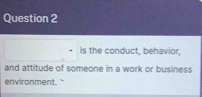 is the conduct, behavior, 
and attitude of someone in a work or business 
environment.