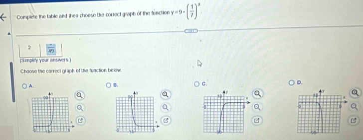 Complete the table and then choose the correct graph of the function y=9· ( 1/7 )^x
2 overline 49
(Simplify your answers.) 
Choose the correct graph of the function below. 
D. 
A. 
B. 
C.