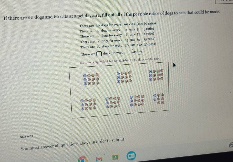 If there are 20 dogs and 60 cats at a pet daycare, fill out all of the possible ratios of dogs to cats that could be made.
There are 20 dogs for every 60 cats (20 : 60 ratio)
There is 1 dog for every 3 cats (1:13 ratio)
There are 2 dogs for every 6 cats (2:6 ratio)
There are 5 dogs for every 15 cats (5:15 ratio)
There are 10 dogs for every 30 cats (10-3 0 ratio)
There are dogs for every cats
This ratio is equivalent but not divisble for 20 dogs and 60 cats.
Answer
You must answer all questions above in order to submit.