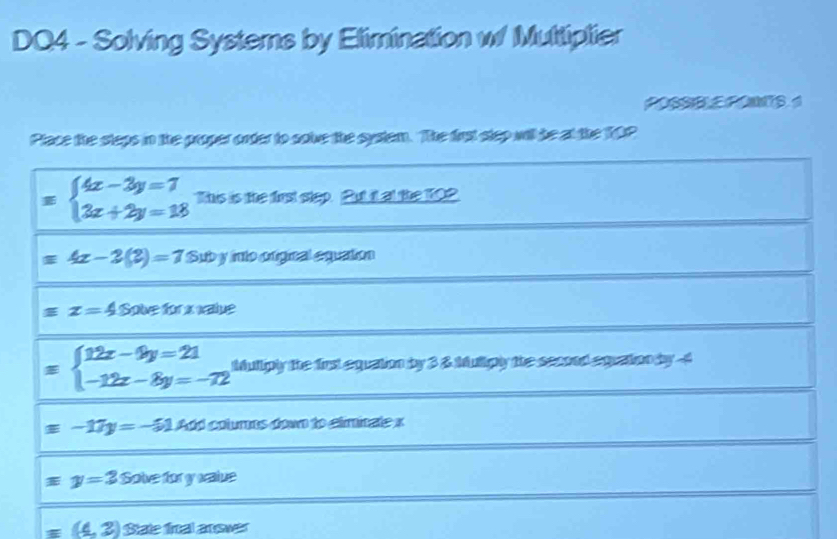 DQ4 - Solving Systems by Elimination w Multiplier
Place the steps in the proper order to solve the system. The first step will be at the TOP
=beginarrayl 4x-3y=7 3x+2y=18endarray. Tus is the first step. But it at the 102
=4x-2(2)=7.5xt) y nto angnal equaion
x=4 Solve for x value
=beginarrayl 12x-9y=21 -12x-8y=-72endarray. Mulliply the first equation by 3 2 Muliply the secood equation by -4
equiv -17y=-51,400 columos down to elminale x
equiv y=3 Solve for y walue
=(4,2) State fnal answer