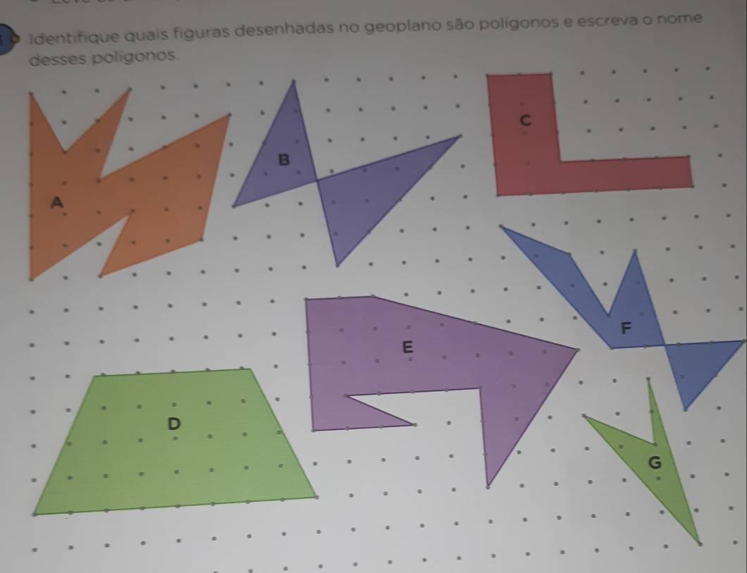 Identifique quais figuras desenhadas no geoplano são polígonos e escreva o nome 
desses polígonos.
C
B
A
F
G