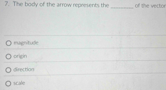 The body of the arrow represents the _of the vector
magnitude
origin
direction
scale