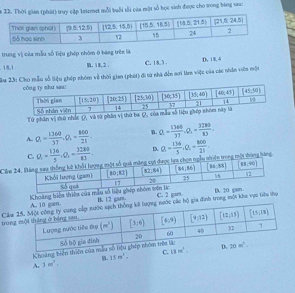 Thời gian (phút) truy cập Internet mỗi buổi tối của một số học sinh được cho trong bảng sau:
trung vị của mẫu số liệu ghép nhóm ở bảng trên là
18,1 B. 18,2 . C. 18, 3 . D. 18, 4
2ầu 23: Cho mẫu số liệu ghép nhóm về thời gian (phút) đi từ nhà đến nơi làm việc của các nhân viên một
Tứ phân vị thứ nhất Q_1 và tứ phân
A. Q_1= 1360/37 ,Q_3= 800/21 .
B. Q_1= 1360/37 ,Q_3= 3280/83 .
C. Q_1= 136/5 ,Q_3= 3280/83 .
D. Q_1= 136/5 ,Q_1= 800/21 .
Câu rong một thùng hàng.
Khoáng biến thiên củ
B. 12 gam. C. 2 gam.
Câucác hộ gia đình trong một khu vực tiêu thụ
trong
Khoáng biến th
B. 15m^3.
A. 3m^3.