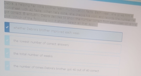 ebra is helping her little brother learn multiplication facts. Each weel , she gives him a
ork sheet with 40 facts. When he's done, she checks his work and records the number he
got correct. Eventually, Debra decides to show the number correct from each neall on a lina
plot. Which of the following will it show? Select all that appi
whether Debra's brother improved each week
the lowest number of correct answers
the total number of weeks
the number of times Debra's brother got 40 out of 40 correct