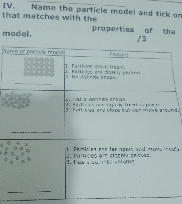 Name the particle model and tick on 
that matches with the 
properties of the 
model. 
/3 
Na 
d. 
ely.