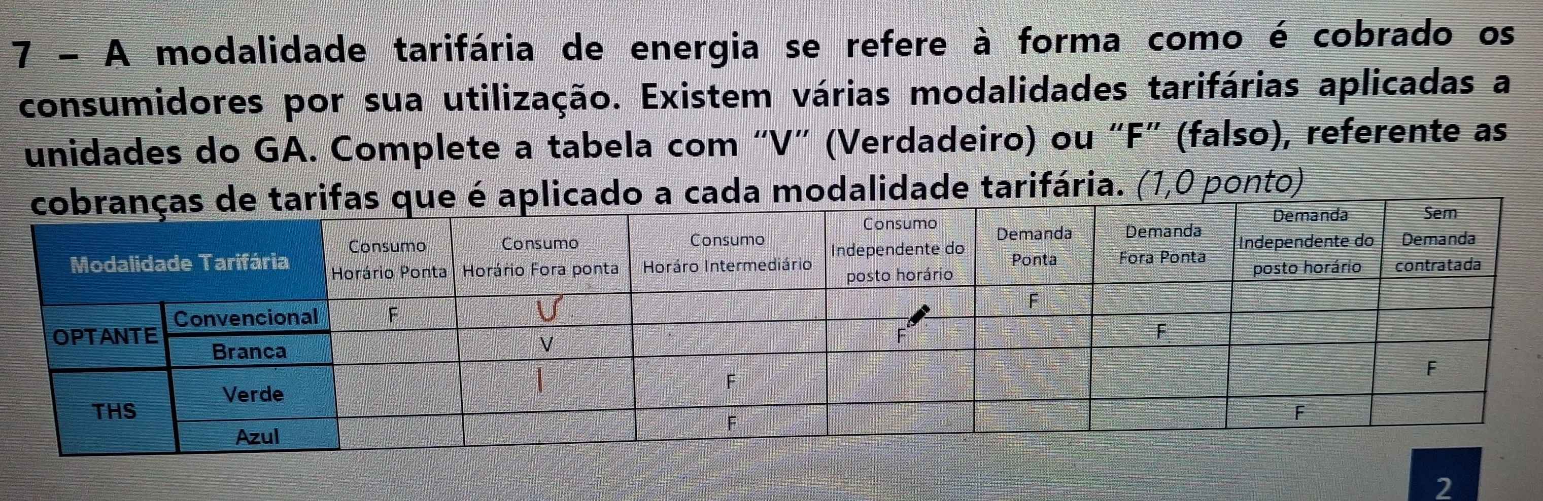 A modalidade tarifária de energia se refere à forma como é cobrado os 
consumidores por sua utilização. Existem várias modalidades tarifárias aplicadas a 
unidades do GA. Complete a tabela com “ V ” (Verdadeiro) ou “ F ” (falso), referente as 
aplicado a cada modalidade tarifária. (1,0 ponto) 
2