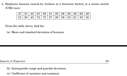 Employee bonuses earned by workers at a furniture factory in a recent month
(US$) were: 
From the table above, find the 
(a) Mean and standard deviation of bonuses. 
Measures of Dispersion 53 
(b) Interquartile range and quartile deviation. 
(c) Coefficient of variation and comment.