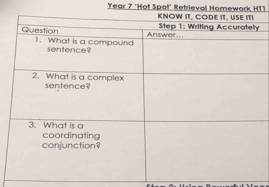 Year 7 ‘Hot Spot’ Retrieval Homework HT1