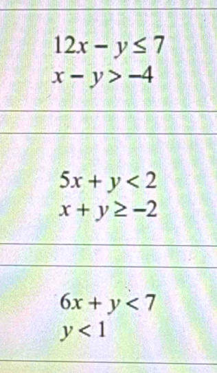 12x-y≤ 7
x-y>-4
5x+y<2</tex>
x+y≥ -2
6x+y<7</tex>
y<1</tex>