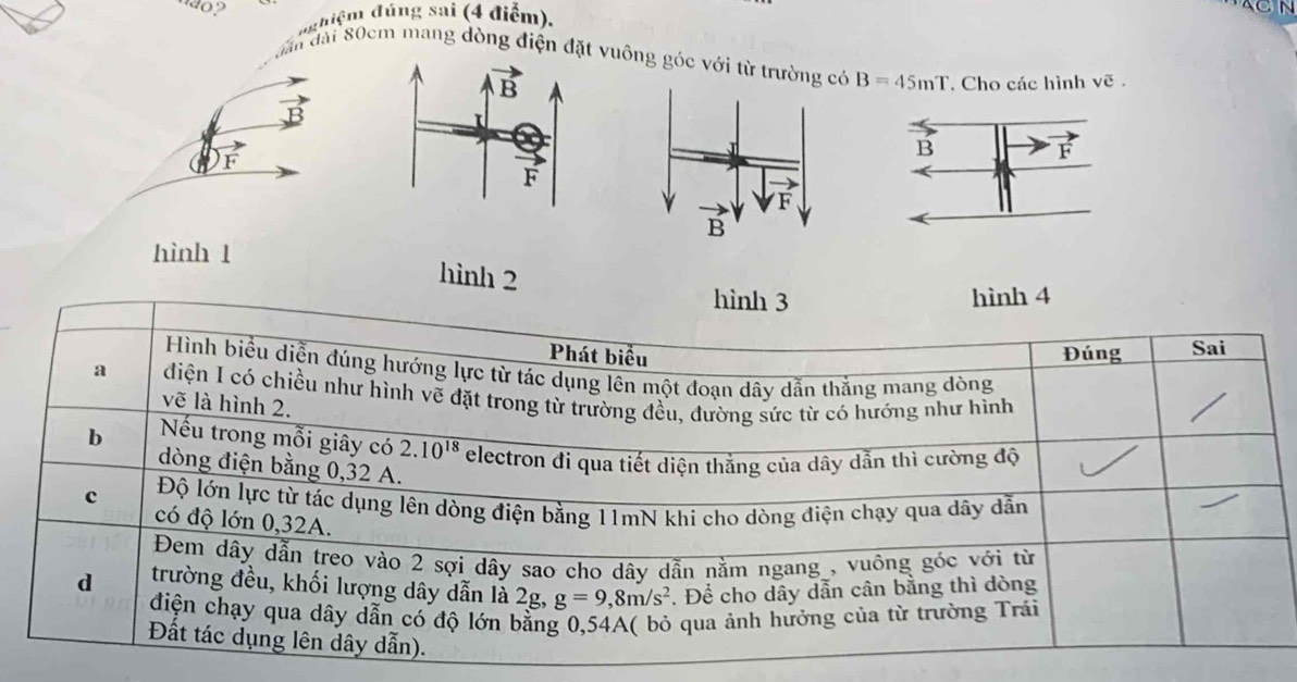 đghiệm đúng sai (4 điểm).
CN
ần đài 80cm mang dòng điện đặuông góc với t B=45mT. Cho các hình vẽ .
F
hình 1
hình 2