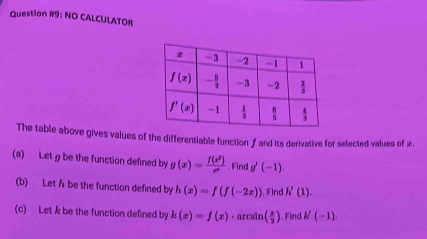 Question #9: NO CALCULATOR
The table above gives values of the differentiable function f and its derivative for selected values of £
(a) Let g be the function defined by g(x)= f(x^3)/e^x . Find g'(-1).
(b) Let h be the function defined by h(x)=f(f(-2x)) , Find h'(1).
(c) Let k be the function defined by k(x)=f(x) · arcsin ( x/2 ). Find k'(-1),