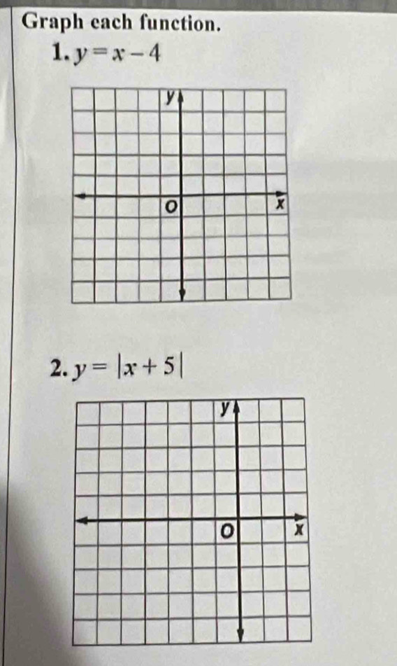 Graph each function.
1. y=x-4
2. y=|x+5|