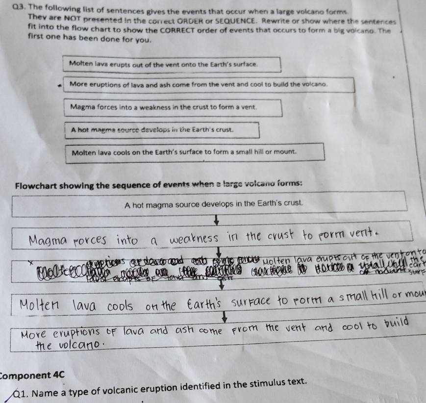 The following list of sentences gives the events that occur when a large volcano forms.
They are NOT presented in the correct ORDER or SEQUENCE. Rewrite or show where the sentences
fit into the flow chart to show the CORRECT order of events that occurs to form a big volcano. The
first one has been done for you.
Molten lava erupts out of the vent onto the Earth's surface.
More eruptions of lava and ash come from the vent and cool to build the volcano.
Magma forces into a weakness in the crust to form a vent.
A hot magma source develops in the Earth's crust.
Molten lava cools on the Earth's surface to form a small hill or mount.
Flowchart showing the sequence of events when a large volcano forms:
A hot magma source develops in the Earth's crust.
Component 4C
Q1. Name a type of volcanic eruption identified in the stimulus text.