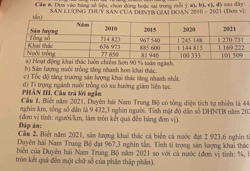 Dựa vào bảng số liệu, chọn đúng hoặc sai trong mỗi ý a), b), c), d) sau đây:
SN LƯợNG THUỷ SẢN CỦA DHNTB GIAI ĐOẠN : 2010-2021 (Đơn vị:
tấn)
chiếm hơn 90 % toàn ngành.
b) Sản lượng nuôi trồng tăng nhanh hơn khai thác.
c) Tốc độ tăng trưởng sản lượng khai thác tăng nhanh nhất.
d) Tỉ trọng ngành nuôi trồng có xu hướng giảm liên tục.
PHÂN III. Câu trả lời ngắn
Câu 1. Biết năm 2021, Duyên hải Nam Trung Bộ có tổng diện tích tự nhiên là 44
nghìn km, tổng số dân là 9 432, 3 nghìn người. Tính mật độ dân số DHNTB năm 202
(đơn vị tính: người /km, làm tròn kết quả đền hàng đơn vị).
Đáp án:
Câu 2. Biết năm 2021, sản lượng khai thác cá biển cả nước đạt 2 923, 6 nghìn tả
Duyên hải Nam Trung Bộ đạt 967, 3 nghìn tấn. Tính tỉ trọng sản lượng khai thác
biền của Duyện hải Nam Trung Bộ năm 2021 so với cả nước (đơn vị tính: %, l
tròn kết quả đến một chữ số của phân thập phân).