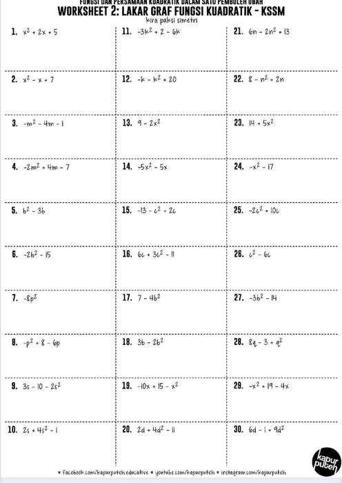 WORKSHEET 2: LAKAR GRAF FUNGSI KUADRATIK - KSSM
kira paksi simetri
1. 
2. 
3. 
4. 
5. 
6. 
1. 
B. 
9. 
10. 
facebook.com/kapurputeh.educative = youtube.com/kapurputeh = instagram.com/kapurputeh