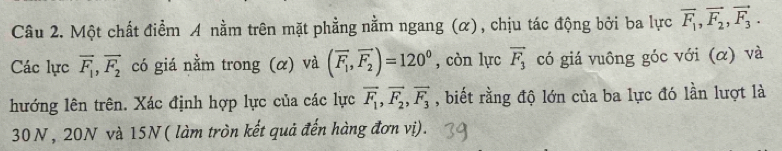 Một chất điểm A nằm trên mặt phẳng nằm ngang (α), chịu tác động bởi ba lực vector F_1, vector F_2, vector F_3. 
Các lực vector F_1, vector F_2 có giá nằm trong (α) và (overline F_1, overline F_2)=120^0 , còn lực vector F_3 có giá vuông góc với (α) và 
hướng lên trên. Xác định hợp lực của các lực vector F_1, vector F_2, vector F_3 , biết rằng độ lớn của ba lực đó lần lượt là
30N, 20N và 15N ( làm tròn kết quả đến hàng đơn vị).