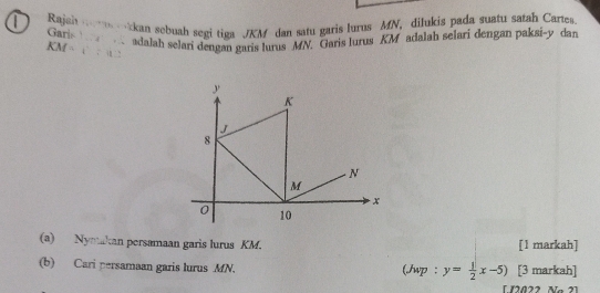 Rajah na tkan sebuah segi tiga JKM dan satu garis lurus MN, dilukis pada suatu satah Cartes 
Garis M a adalah selari dengan garis lurus MN. Garis lurus KM adalah selari dengan paksi- y dan
KM = √ “ 
(a) Nymakan persamaan garis lurus KM. [l markah] 
(b) Cari persamaan garis lurus MN. [3 markah] 
(Jwp : y= 1/2 x-5)