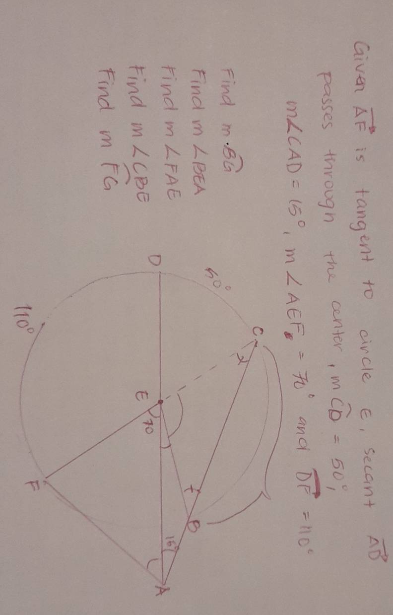 Given vector AF is tangent to circle E, secant vector AD
passes through the center, moverline CD=50°,
m∠ CAD=15°,m∠ AEF=70° and overline DF=110°
Find moverline BG
Find m∠ BEA
Find m∠ FAE
Find m∠ CBE
Find moverline FG