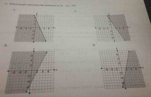 Which graph represents the solutions to 2x-2y=10°
、 
C 

B. 
D.