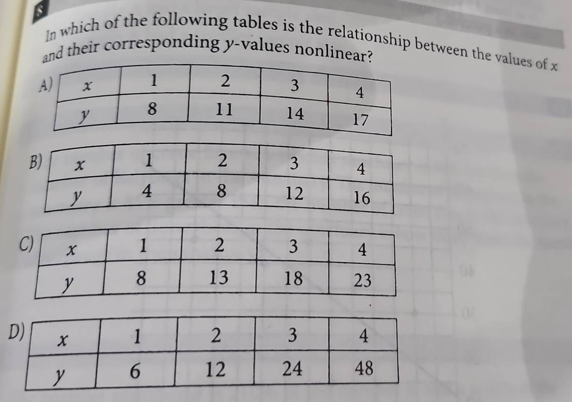 In which of the following tables is the relationship between the values of x
and their corresponding y -values nonlinear?