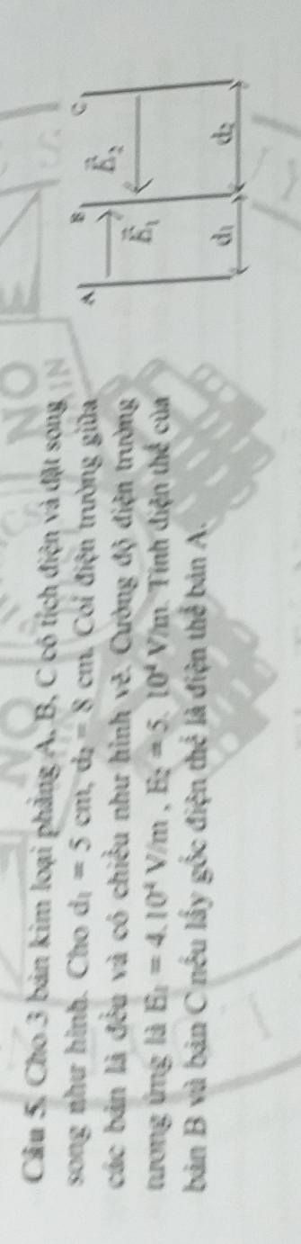 Cho 3 bán kim loại phẳng A. B, C có tích điện và đặt song 
song như hình. Cho d_1=5cm, d_2=8cm a Ci điện trường giữa A B vector E_2 C 
các bản là đều và có chiều như hình vẽ. Cường độ điện trường 
tương ứng là E_1=4.10^4V/m, E_2=5.10^4V/m Tính điện thể của
overline E_1
bản B vù bản C nếu lấy gốc điện thể là điện thể bản A. 
dí d_2