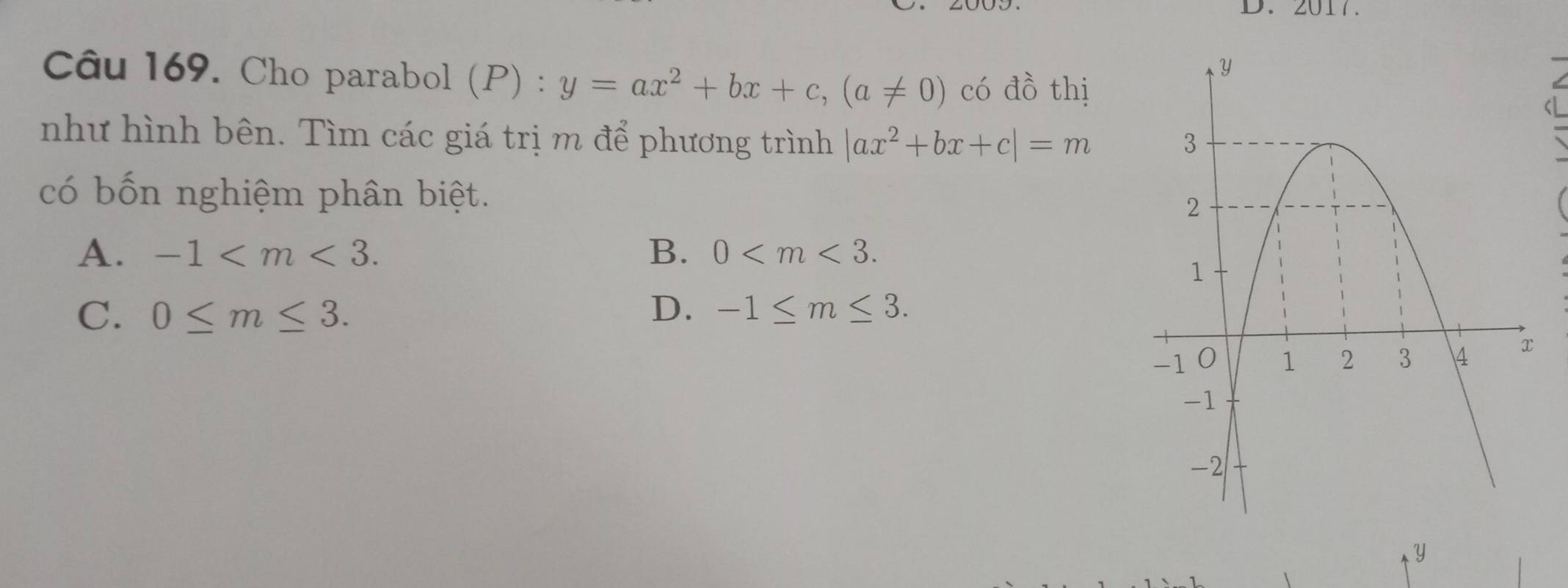 Cho parabol (P) : y=ax^2+bx+c, (a!= 0) có đồ thị
<
<L
như hình bên. Tìm các giá trị m để phương trình  |ax^2+bx+c|=m
có bốn nghiệm phân biệt.
A. -1 . B. 0 .
D.
C. 0≤ m≤ 3. -1≤ m≤ 3.
Y