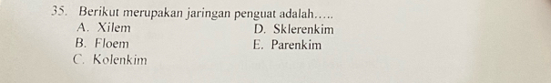 Berikut merupakan jaringan penguat adalah….
A. Xilem D. Sklerenkim
B. Floem E. Parenkim
C. Kolenkim