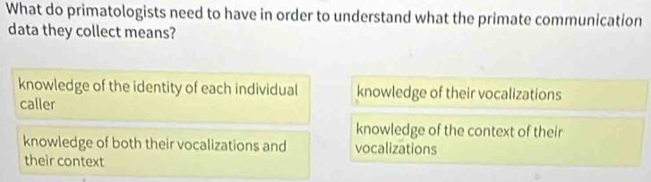 What do primatologists need to have in order to understand what the primate communication
data they collect means?
knowledge of the identity of each individual knowledge of their vocalizations
caller
knowledge of the context of their
knowledge of both their vocalizations and vocalizations
their context