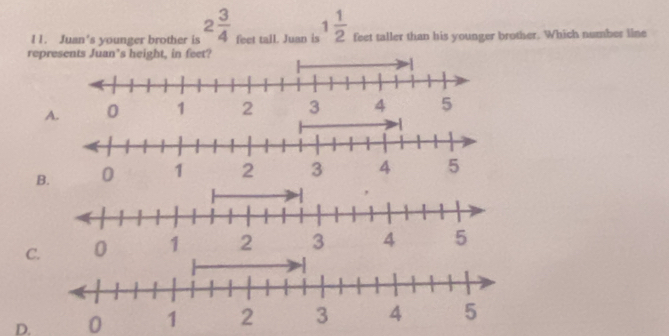 1 1. Juan's younger brother is 2 3/4  feet tall. Juan is 1 1/2  feet taller than his younger brother. Which number line
repr
A
B
C
D. 0