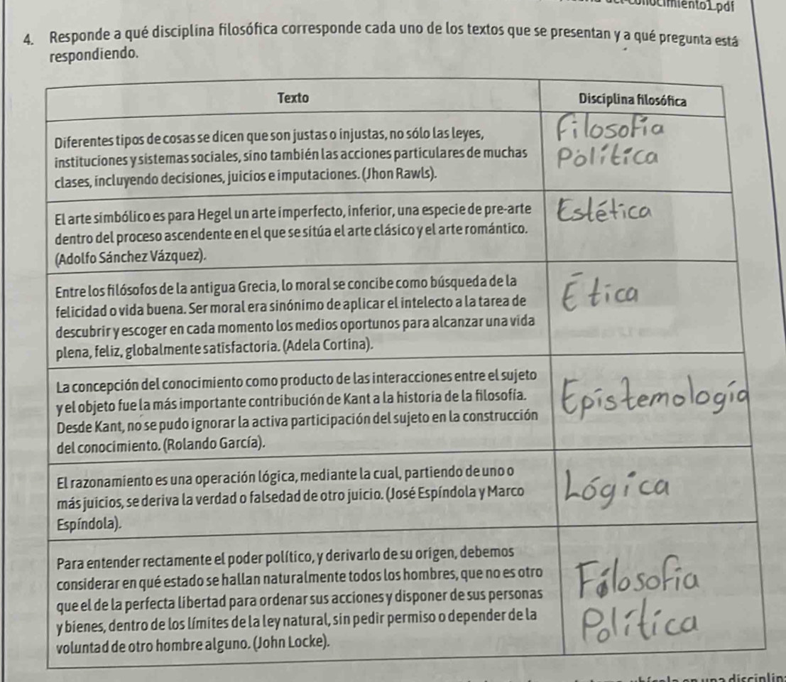 no cmento 1.pd| 
4. Responde a qué disciplina filosófica corresponde cada uno de los textos que se presentan y a qué pregunta está 
do. 
Hdiscialin