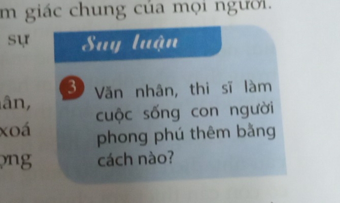 giác chung của mọi người. 
sự Suy luận 
3 Văn nhân, thi sĩ làm 
ân, 
cuộc sống con người 
xoá 
phong phú thêm bằng 
mg cách nào?