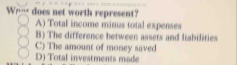 Wro does net worth represent?
A) Total income minus total expenses
B) The difference between assets and liabilities
C) The amount of money saved
D) Total investments made