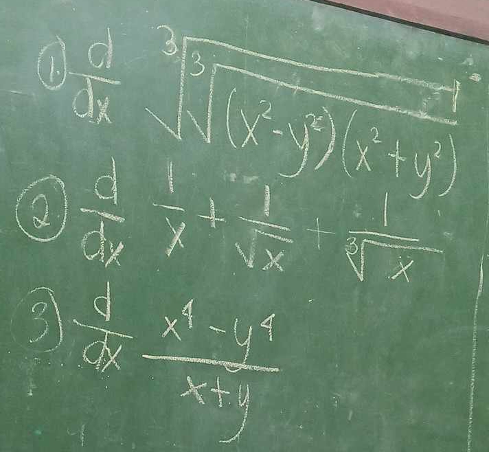  d/dx sqrt[3](sqrt (x^2-y^(2))(x^2+y^2))
(1.
Q  d/dx  1/x + 1/sqrt(x) + 1/sqrt[3](x) 
3  d/dx  (x^4-y^4)/x+y 