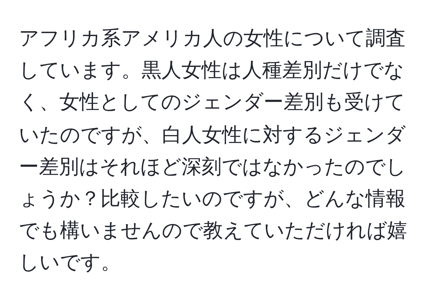 アフリカ系アメリカ人の女性について調査しています。黒人女性は人種差別だけでなく、女性としてのジェンダー差別も受けていたのですが、白人女性に対するジェンダー差別はそれほど深刻ではなかったのでしょうか？比較したいのですが、どんな情報でも構いませんので教えていただければ嬉しいです。