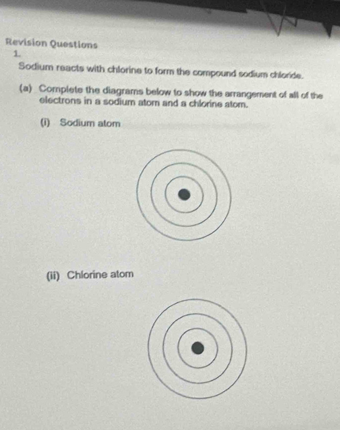 Revision Questions 
1. 
Sodium reacts with chlorine to form the compound sodium chloride. 
(a) Complete the diagrams below to show the arrangement of all of the 
electrons in a sodium atom and a chlorine atom. 
(i) Sodium alom 
(ii) Chlorine atom