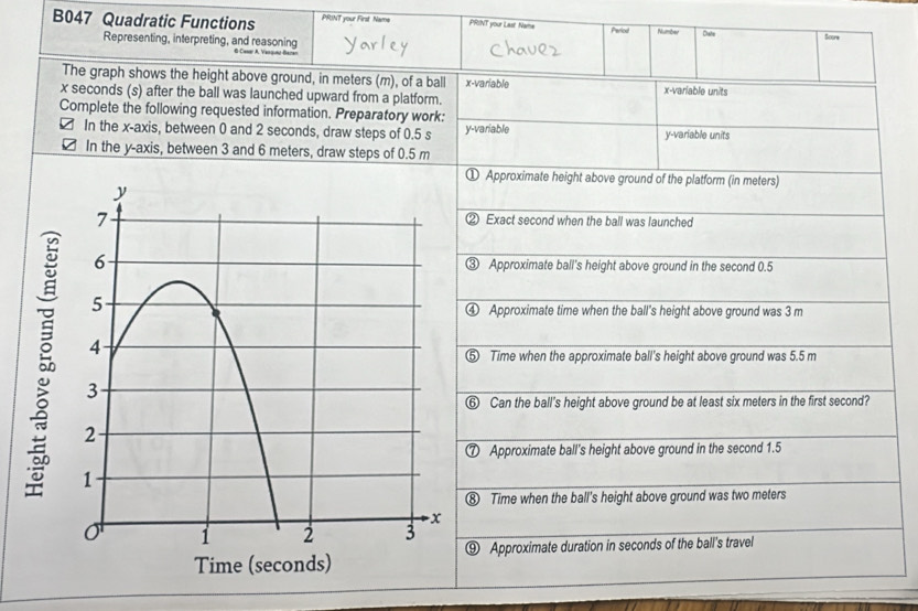 B047 Quadratic Functions PRINT your First Nams PRINT your Last Nama Period Number Diste Score
Representing, interpreting, and reasoning
The graph shows the height above ground, in meters (m), of a ball x -variable
x seconds (s) after the ball was launched upward from a platform. x -variable units
Complete the following requested information. Preparatory work:
In the x-axis, between 0 and 2 seconds, draw steps of 0.5 s y -variable y -variable units
In the y-axis, between 3 and 6 meters, draw steps of 0.5 m
Approximate height above ground of the platform (in meters)
Exact second when the ball was launched
Approximate ball's height above ground in the second 0.5
Approximate time when the ball's height above ground was 3 m
Time when the approximate ball's height above ground was 5.5 m
Can the ball's height above ground be at least six meters in the first second?
Approximate ball's height above ground in the second 1.5
Time when the ball's height above ground was two meters
Approximate duration in seconds of the ball's travel