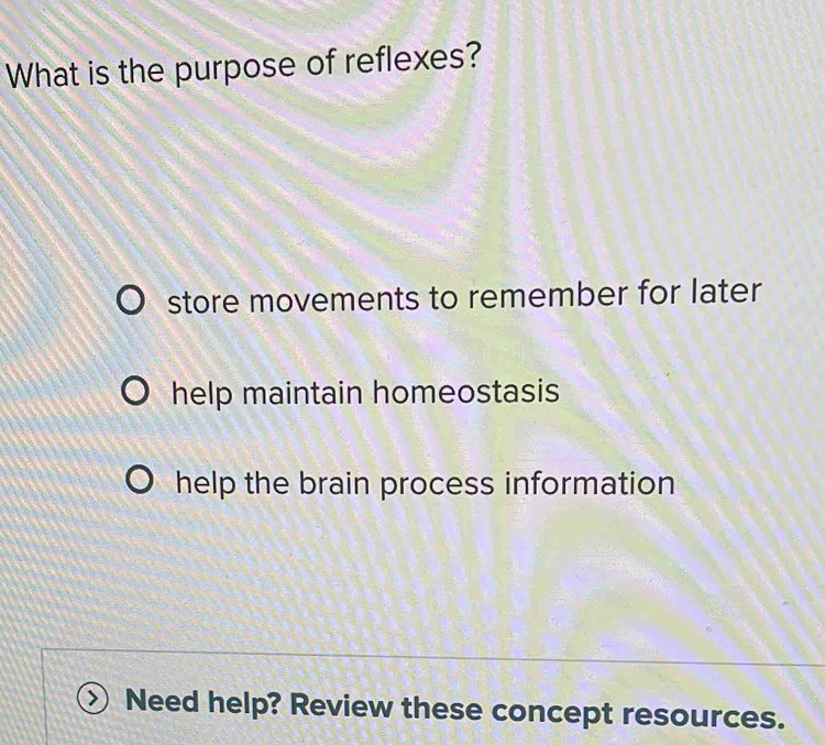 What is the purpose of reflexes?
store movements to remember for later
help maintain homeostasis
help the brain process information
Need help? Review these concept resources.